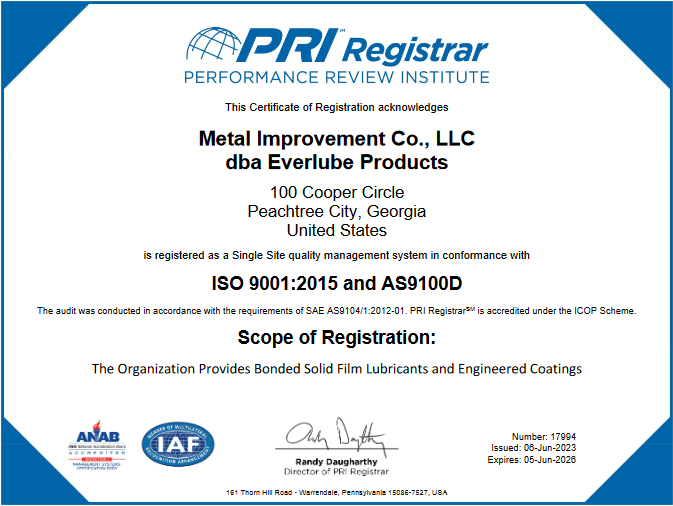 ISO 9001:2015 and AS9100D -Everlube Products