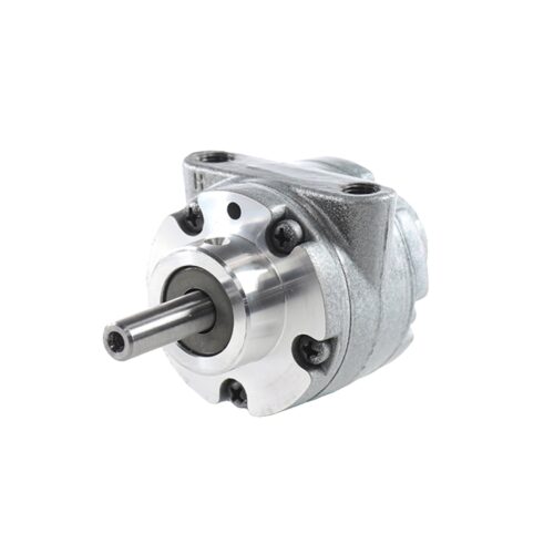 Gast 4AM-NRV-54A Lubricated Air Motor. Silver and round with a protruding silver rod.
