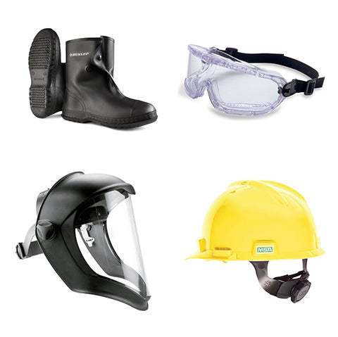 Memco boots, faceshields, hard hats, and bump caps group