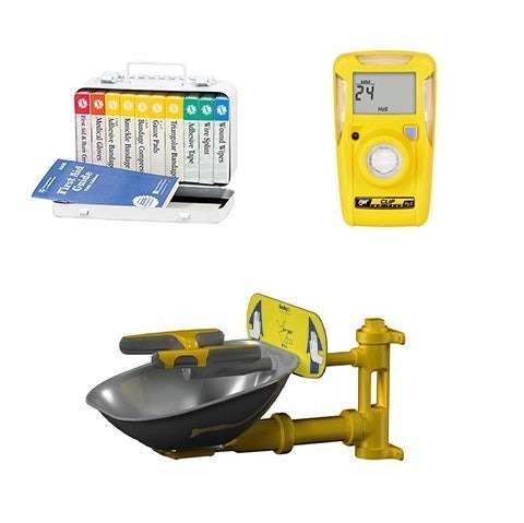 Memco first aid kit, eye wash station, gas detector, and traffic cone group