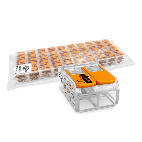 The WAGO 221-412 (50 pack) at Kinequip is a compact 2-conductor splicing connector that enables quick, tool-free wiring for solid, stranded, and fine-stranded conductors from 24 to 12 AWG.