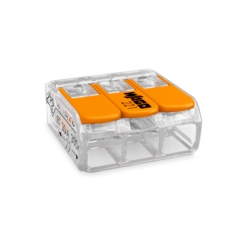 Wago 221-413 |  COMPACT splicing connector, 3-conductor, with operating levers, 12 AWG, transparent housing